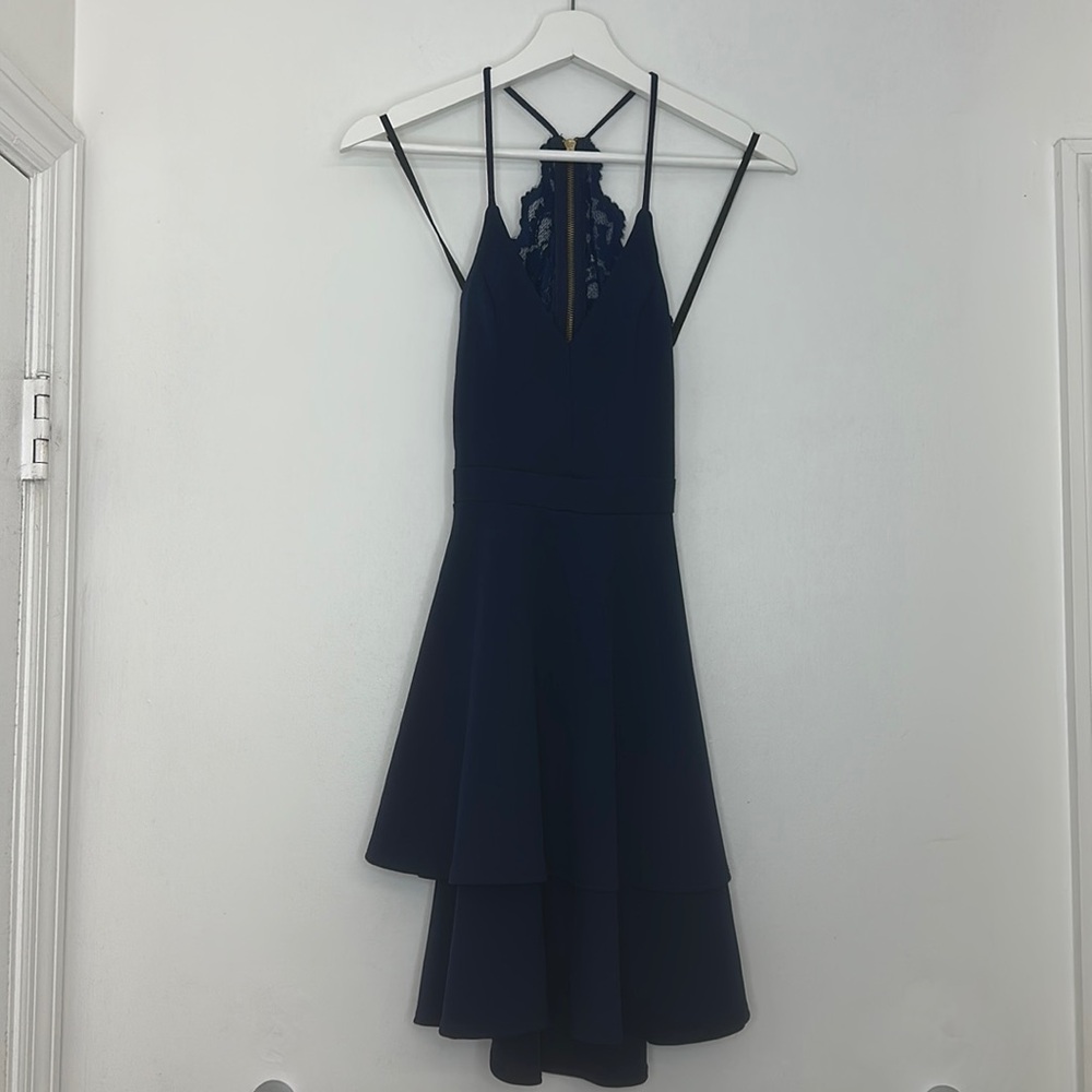 Camille La Vie Tiered Fit and Flare Navy Blue Lace Back semi formal dress